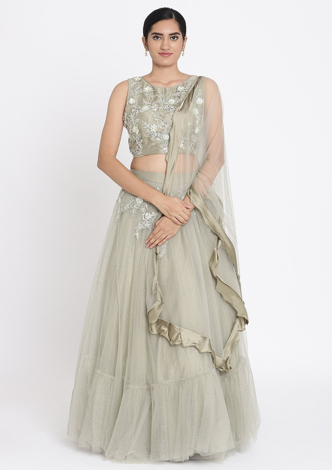 Pista Green Cutdana Net Designer Lehenga - koskii