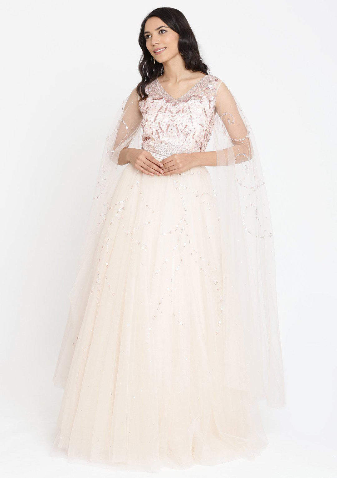 Cream Cutdana Net Designer Gown-Koskii