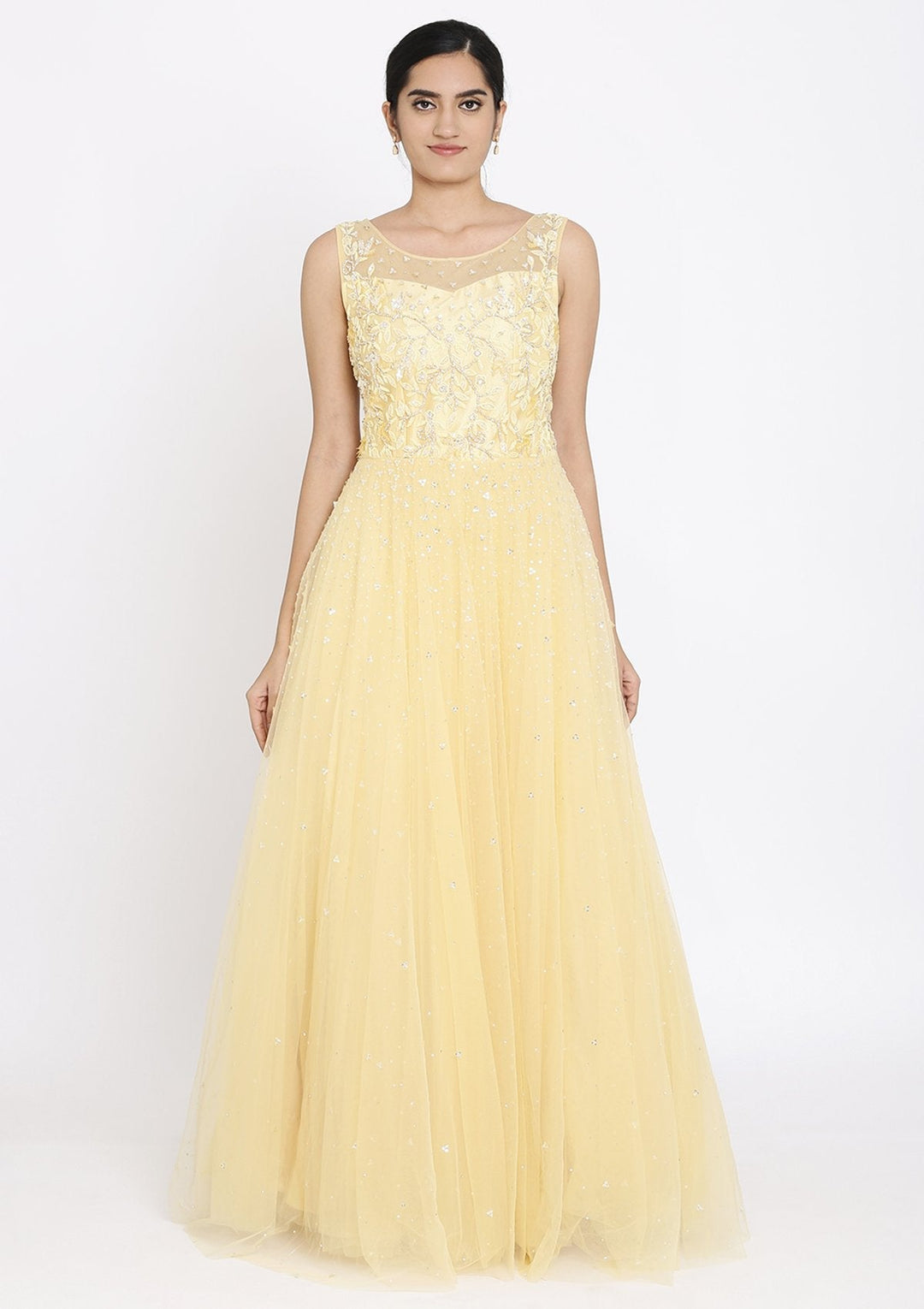 Yellow Cutdana Net Designer Gown - koskii