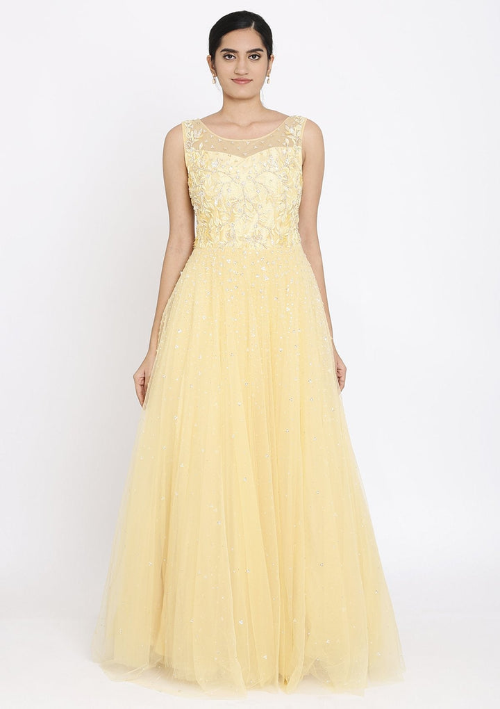 Yellow Cutdana Net Designer Gown - koskii