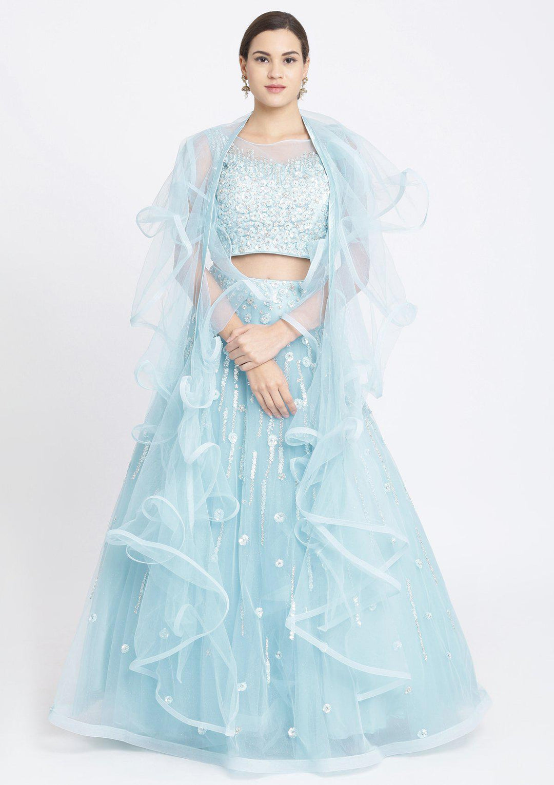 Sky Blue Sequins Net Designer Lehenga-Koskii