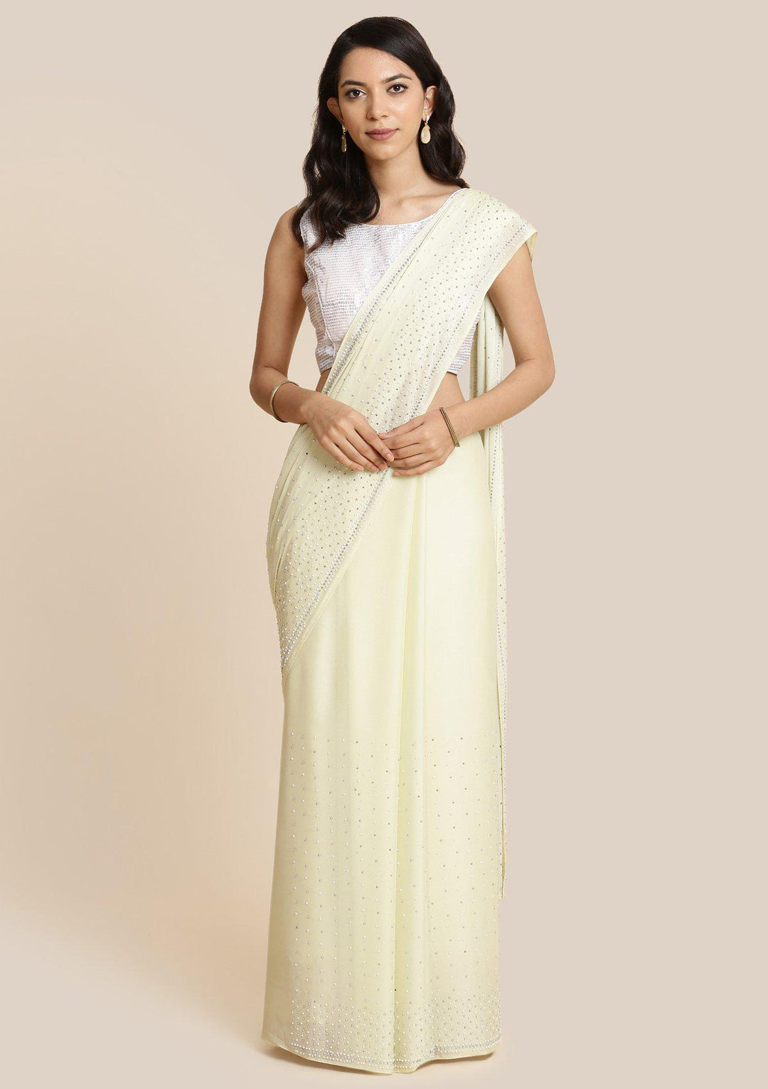 Pista Green Pearlwork Georgette Designer Saree-Koskii