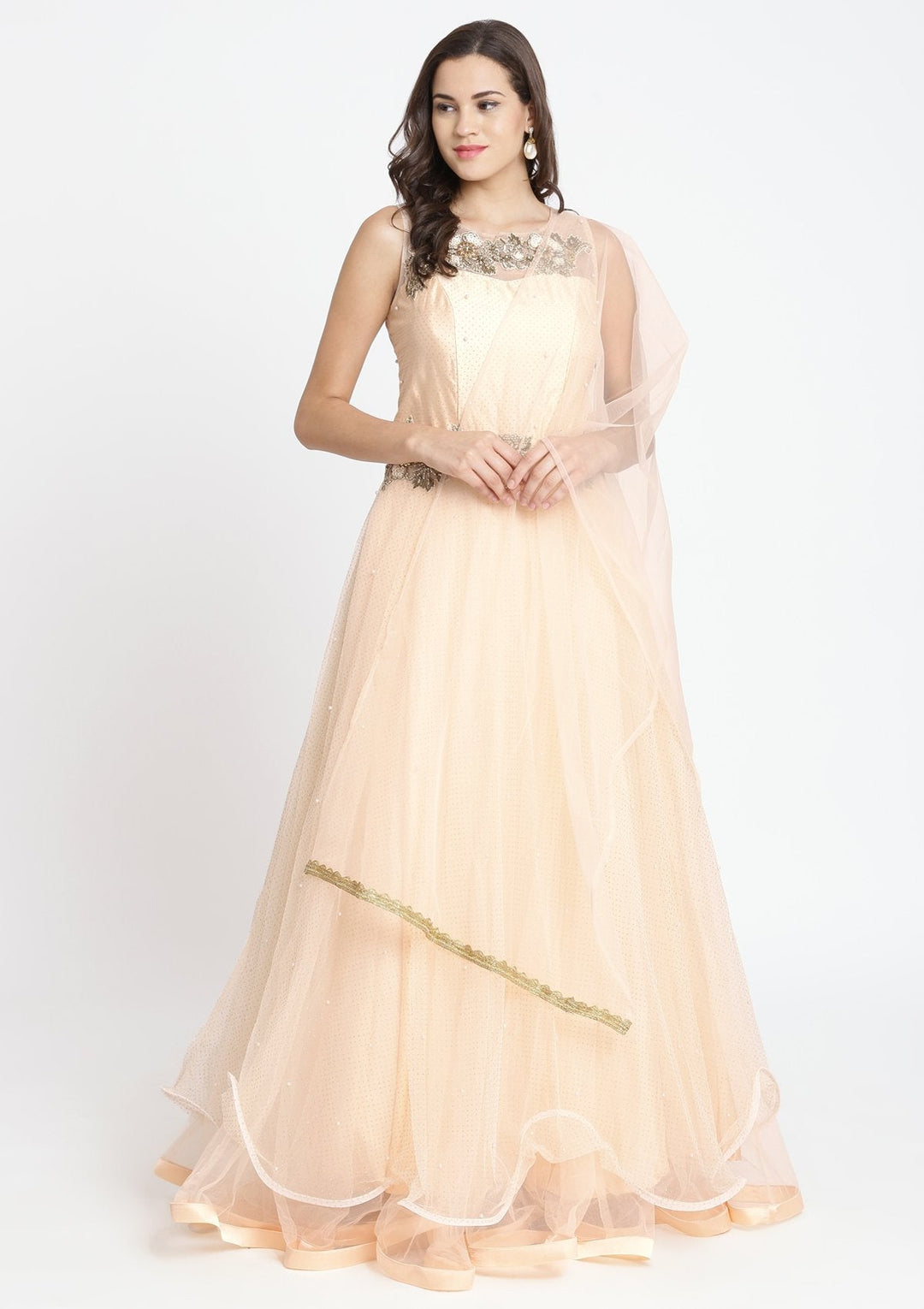 Peach Cutdana Net Designer Gown-Koskii
