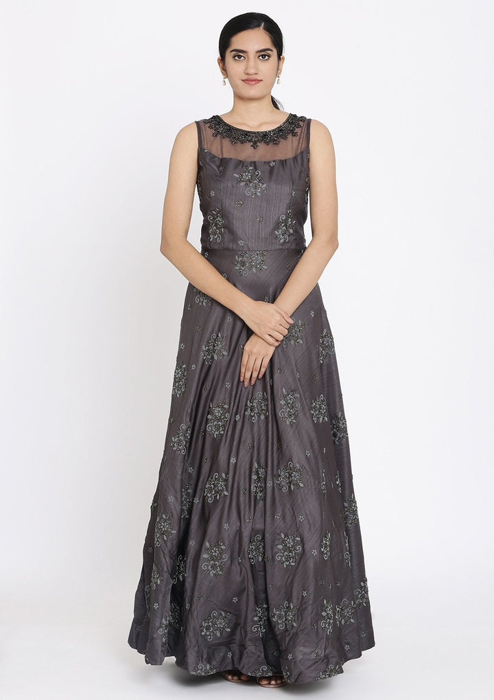 Dark Grey Cutdana Raw Silk Designer Gown - koskii