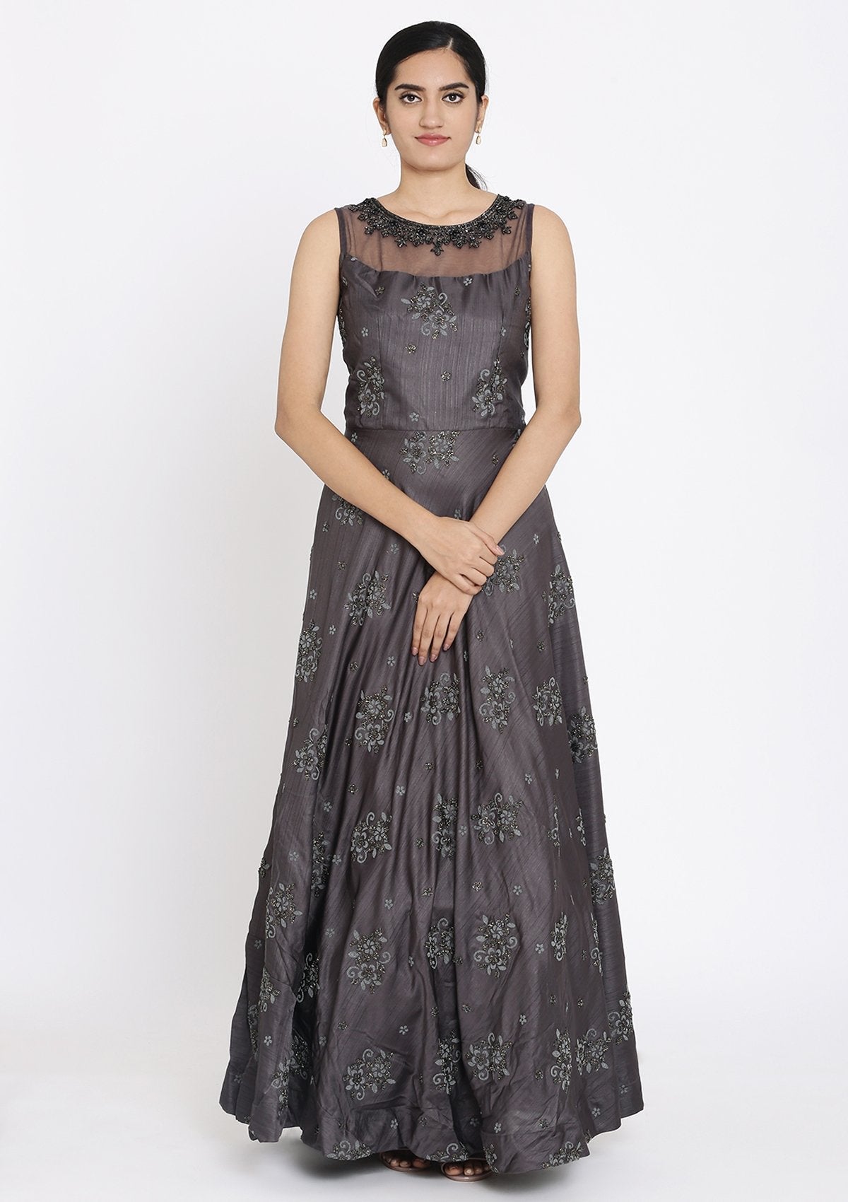Dark Grey Cutdana Raw Silk Designer Gown - koskii