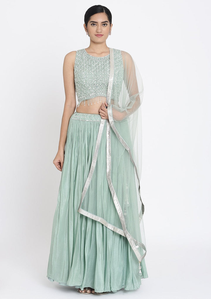 Pista Green Sequins Satin Designer Lehenga - koskii