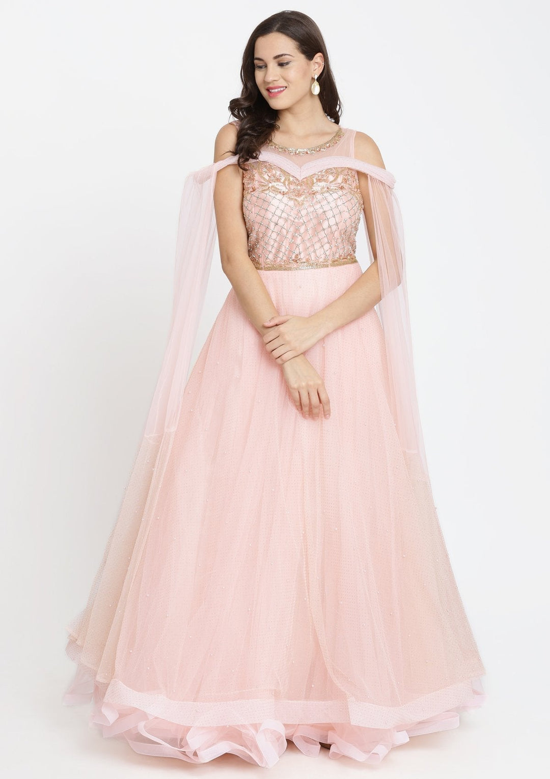 Baby Pink Cutdana Net Designer Gown-Koskii