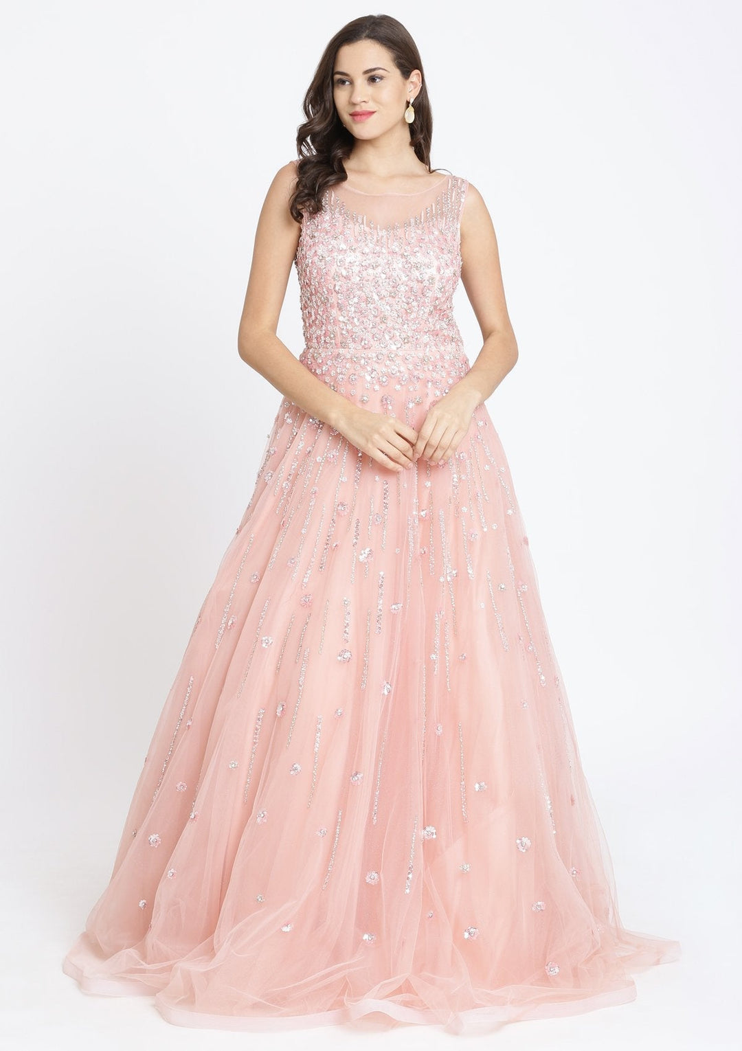 Peach Sequinned Net Designer Gown-Koskii