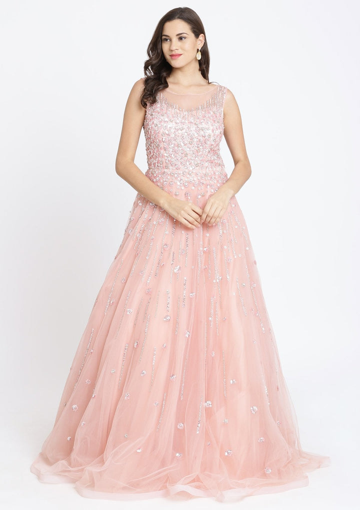 Peach Sequinned Net Designer Gown-Koskii