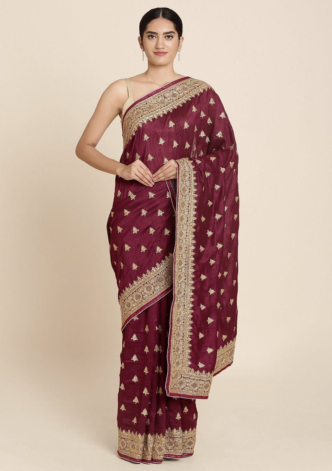 Wine Stonework Art Silk Designer Saree - koskii