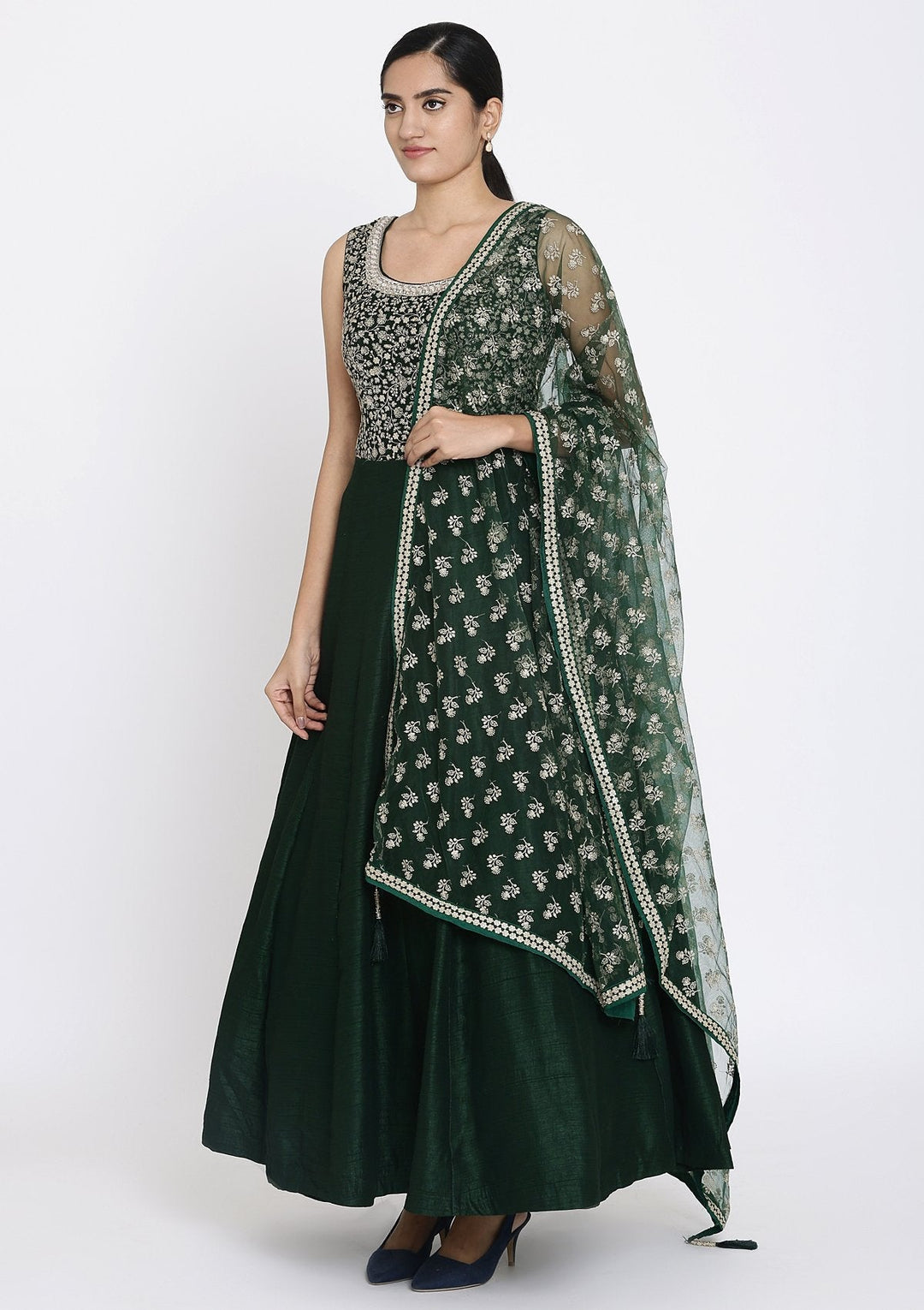 Bottle Green Zariwork Raw Silk Designer Gown - koskii