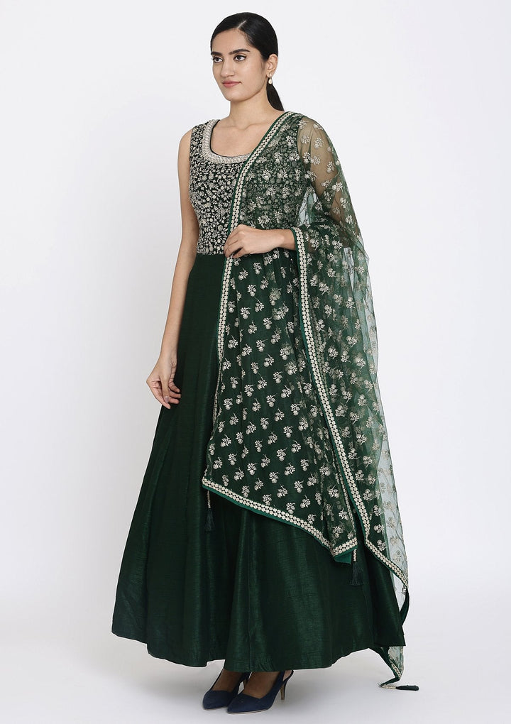 Bottle Green Zariwork Raw Silk Designer Gown - koskii