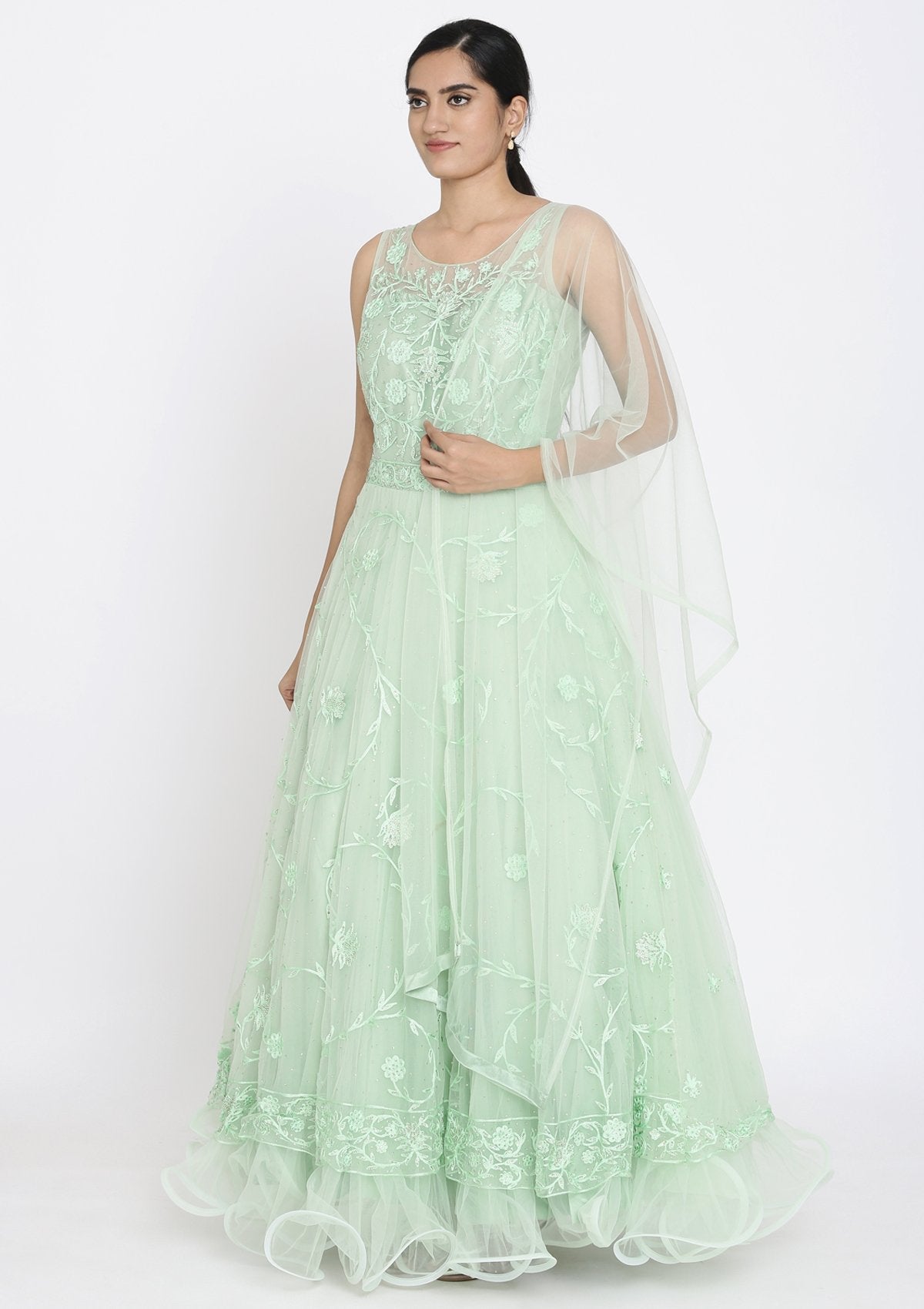 Pista Green Stonework Net Designer Gown - koskii