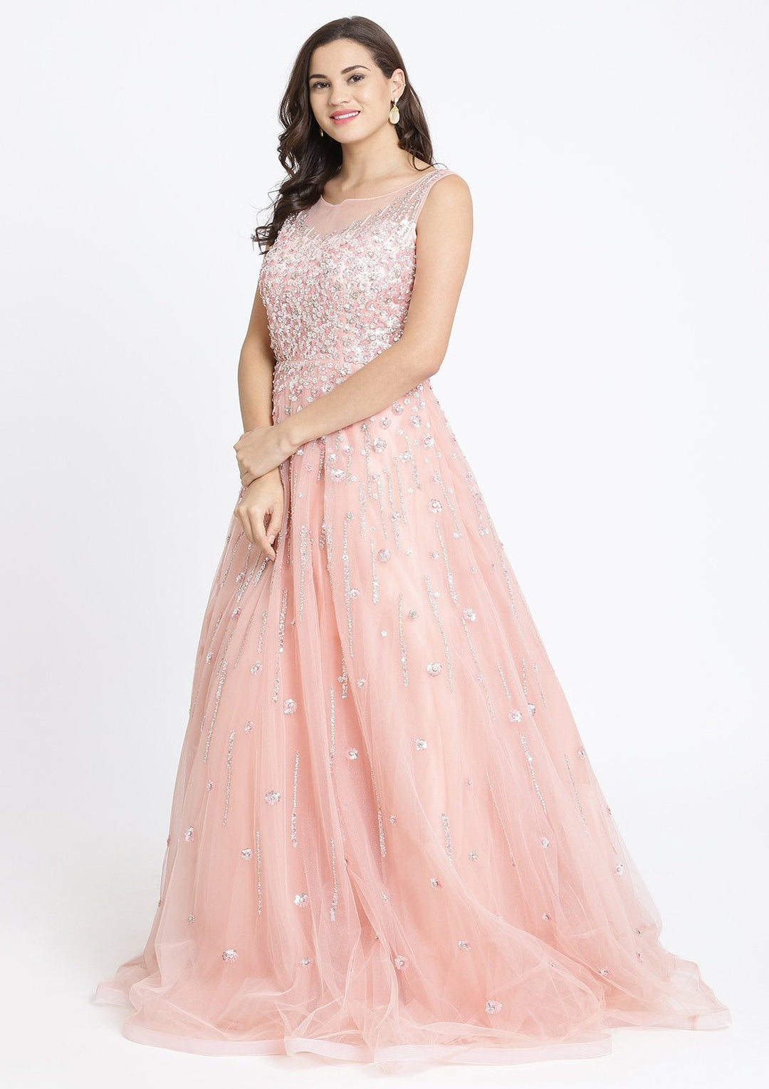 Peach Sequinned Net Designer Gown-Koskii