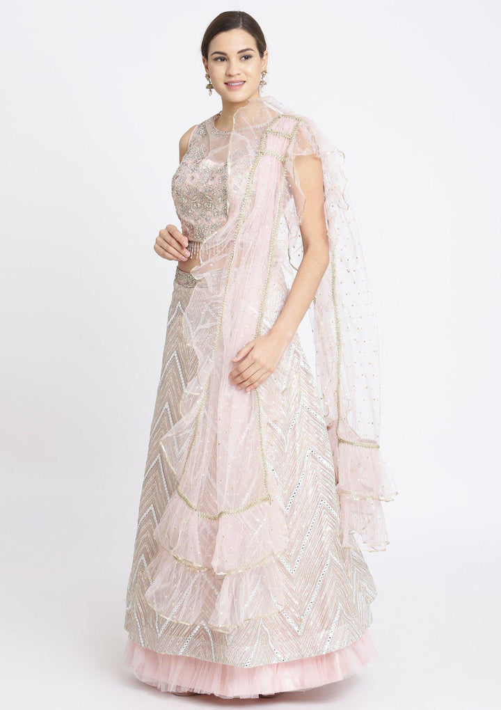 Baby Pink Silver Stonework Net Designer Lehenga-Koskii