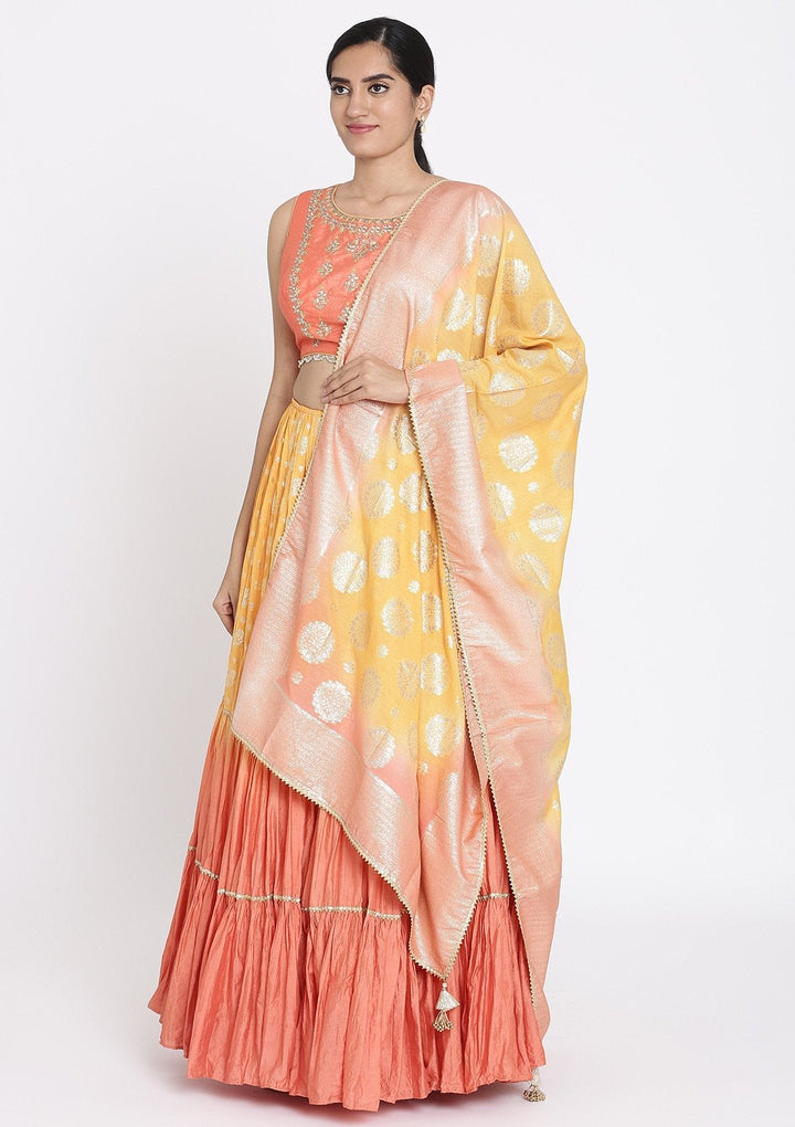 Mustard And Peach Gotapatti Art Silk Designer Lehenga - koskii