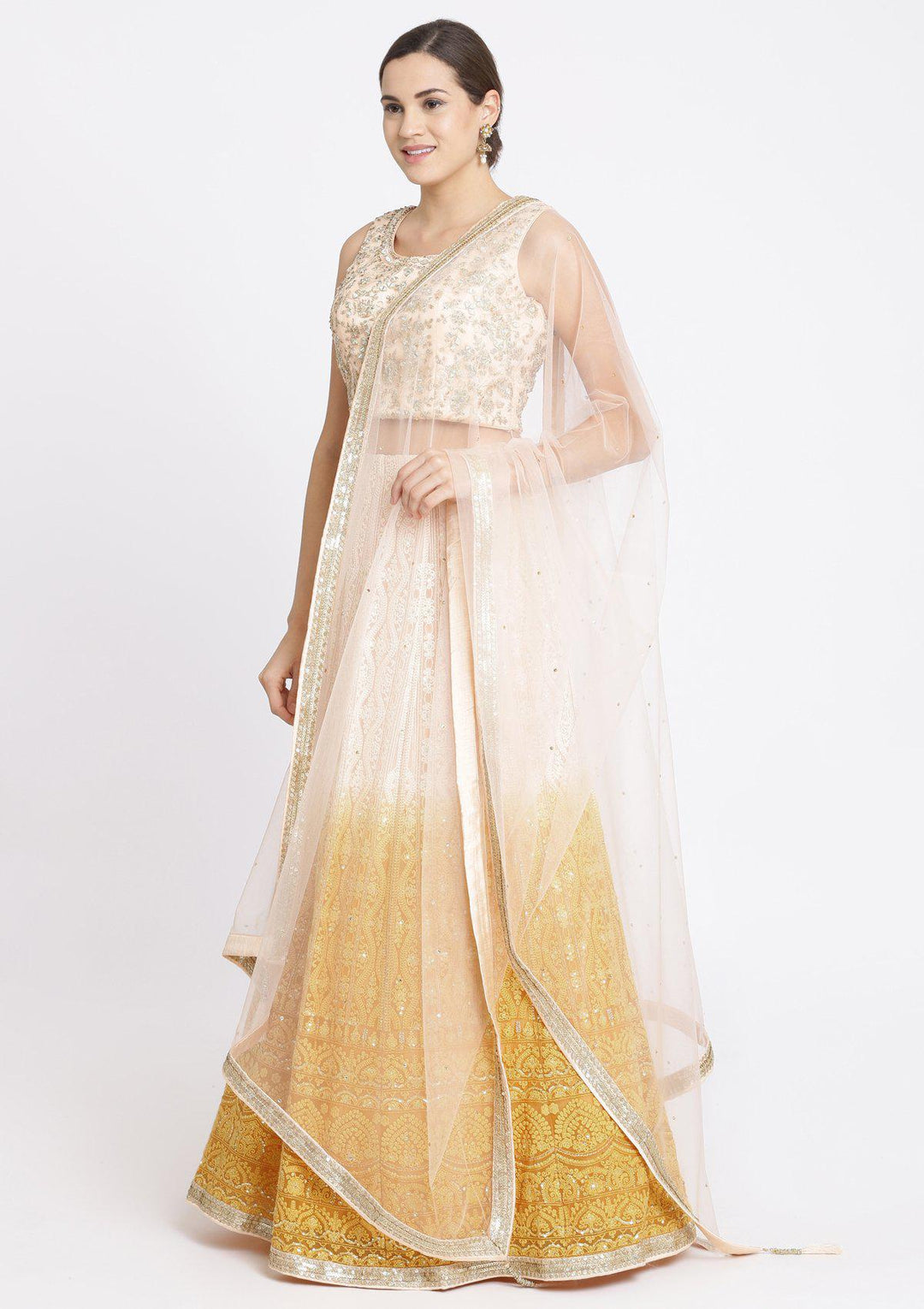 Chrome Yellow and Peach Mirrorwork Georgette Designer Lehenga-Koskii