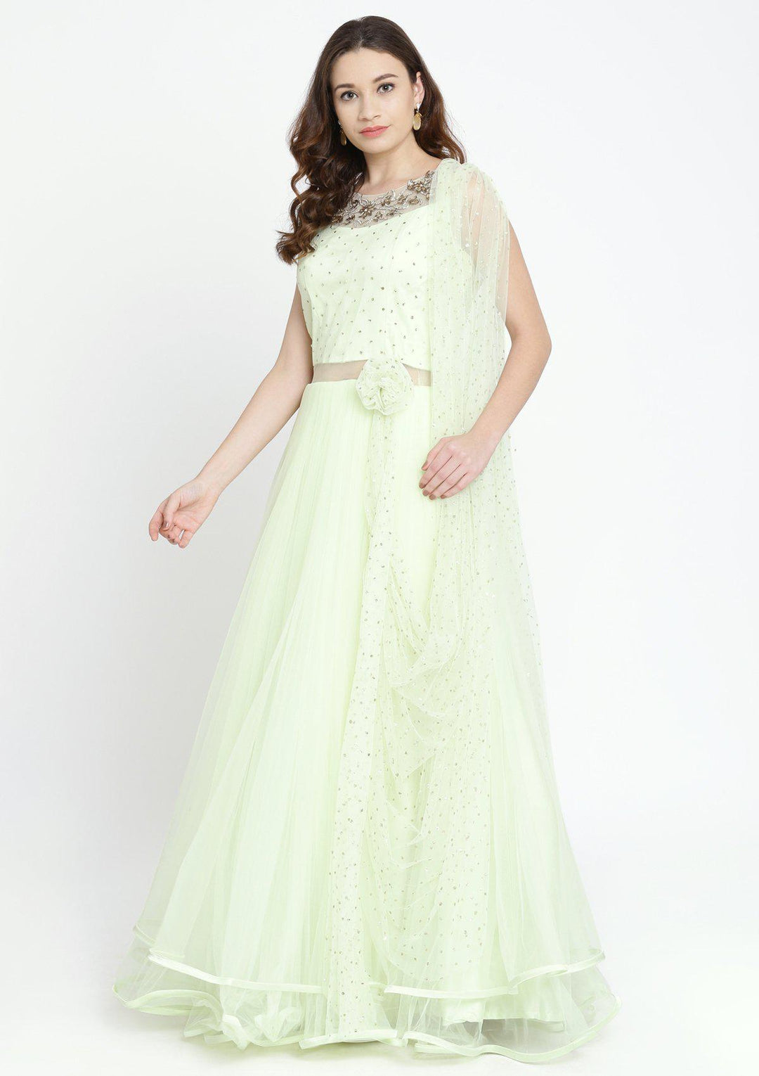Pista Green Stonework Net Designer Gown-Koskii