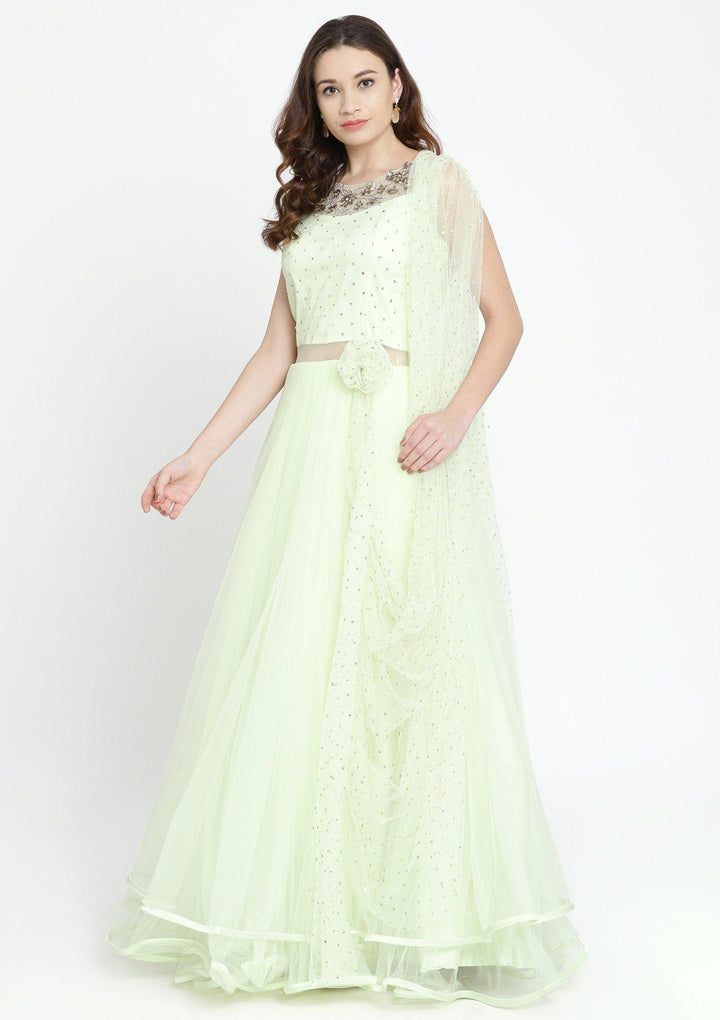 Pista Green Stonework Net Designer Gown-Koskii