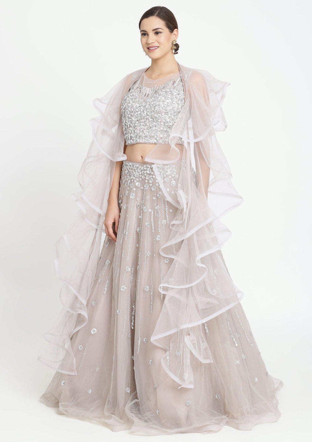 Light Grey Sequins Net Designer Lehenga-Koskii