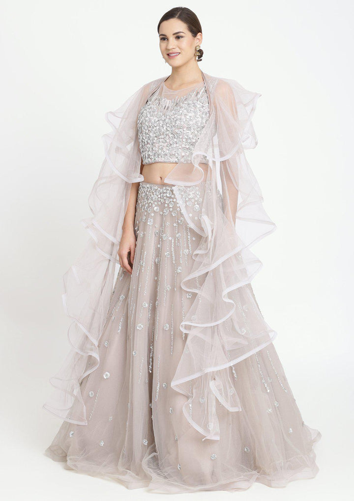 Light Grey Sequins Net Designer Lehenga-Koskii