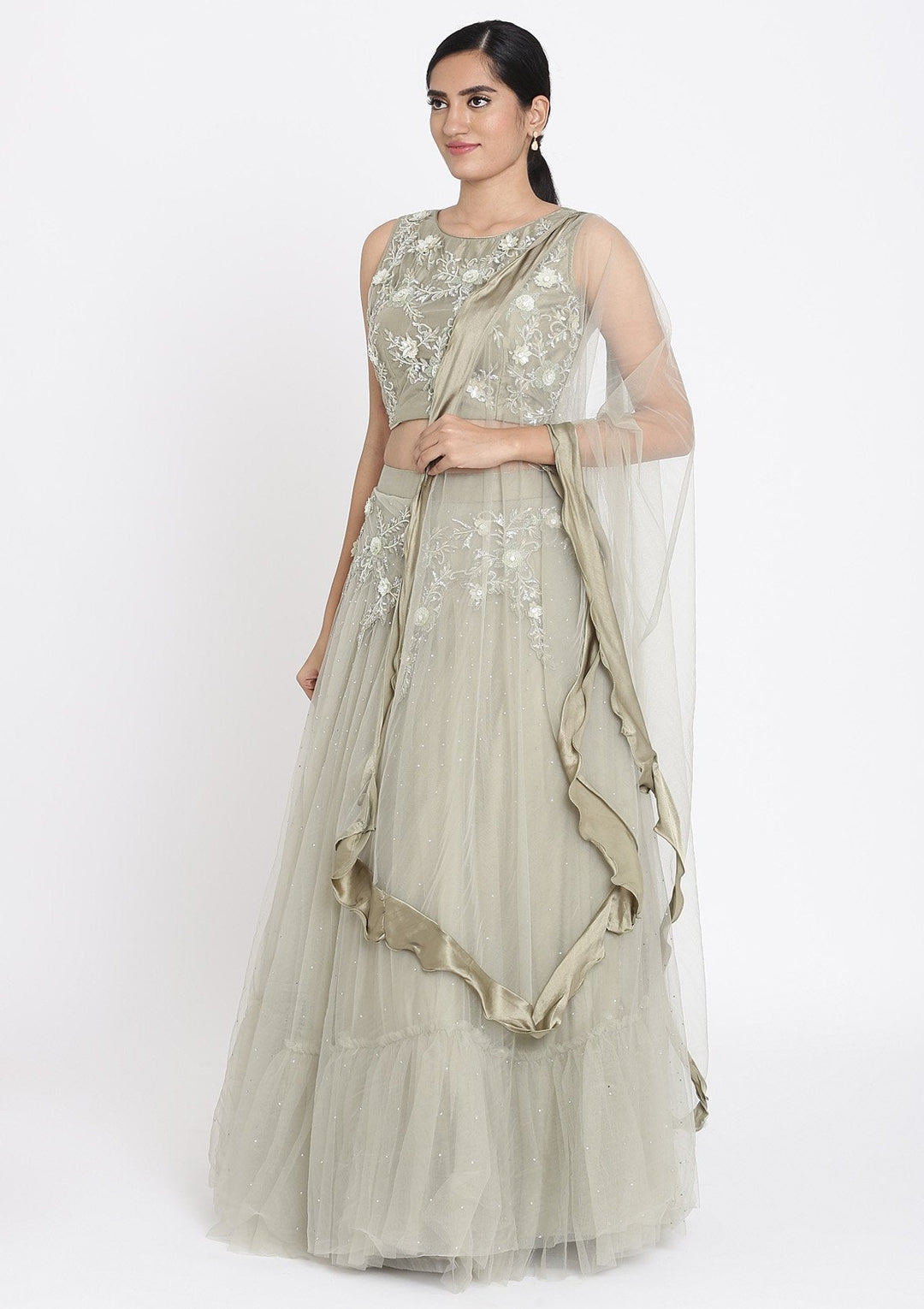 Pista Green Cutdana Net Designer Lehenga - koskii