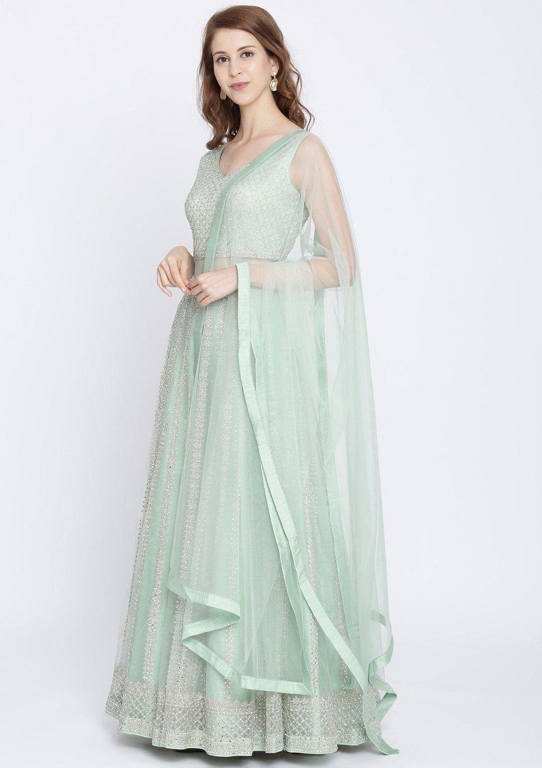 Pista Green Mirrorwork Net Designer Gown-Koskii