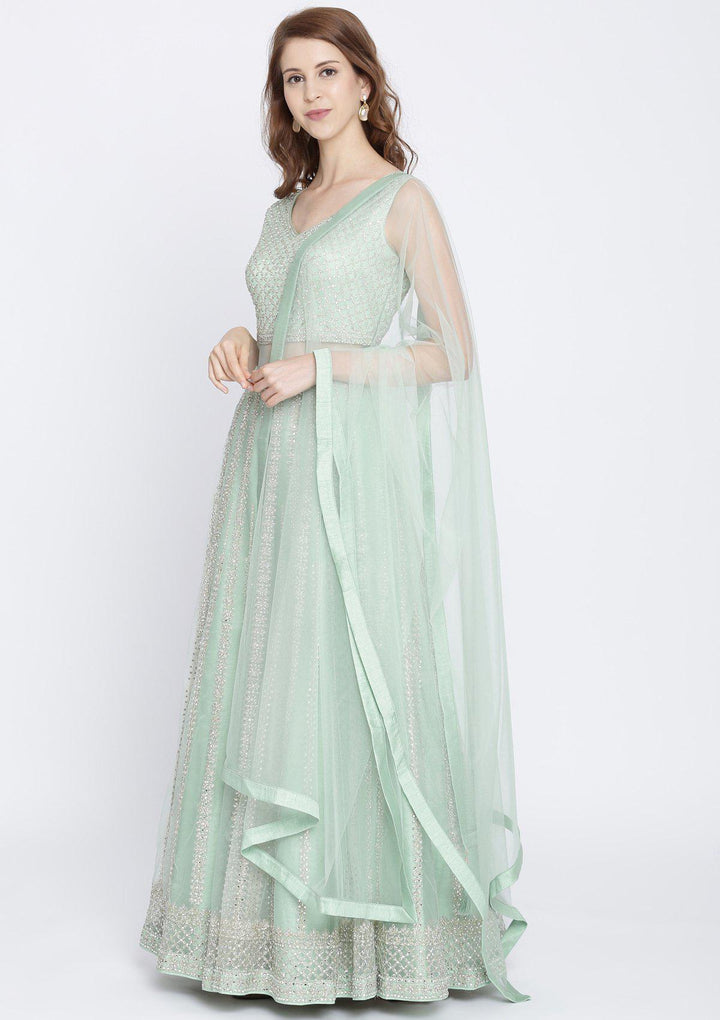 Pista Green Mirrorwork Net Designer Gown-Koskii