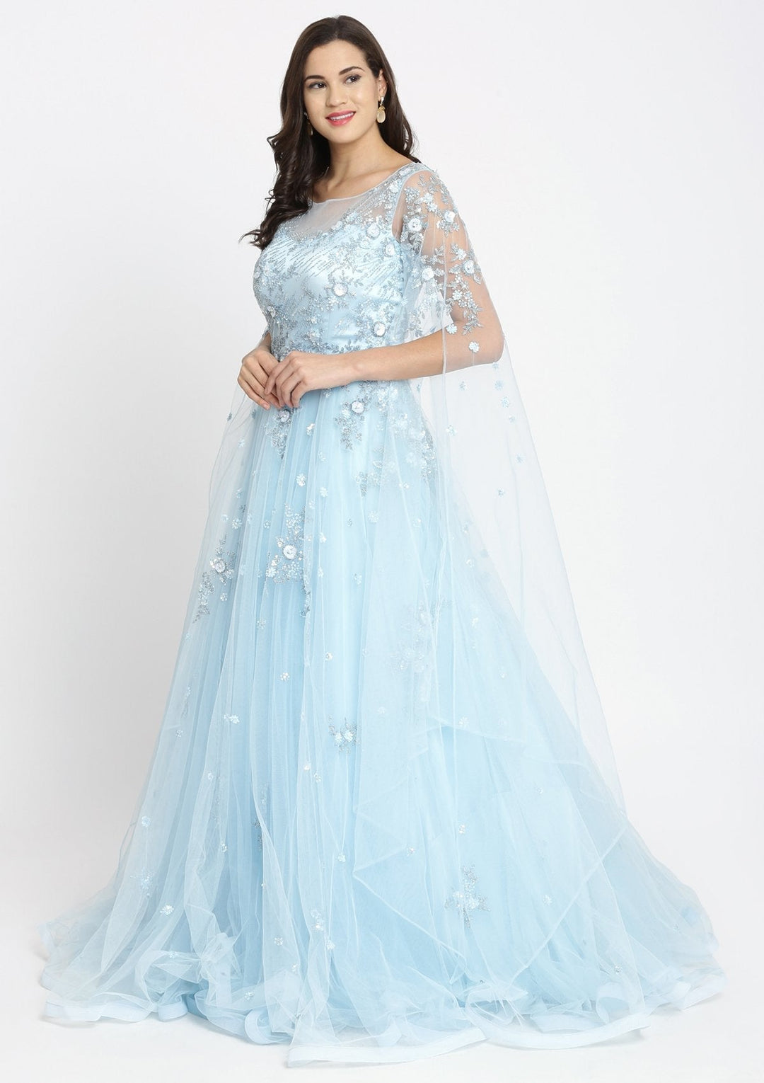 Sky Blue Cutdana Net Designer Gown-Koskii