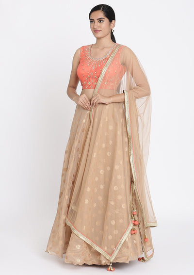 Light Brown And Peach Mirrorwork Tissue Designer Lehenga - koskii