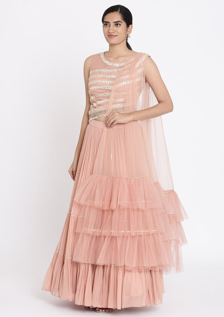 Mauve Mirrorwork Net Designer Lehenga - koskii