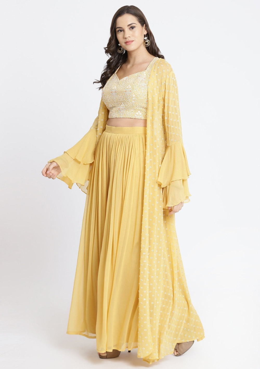 Yellow Threadwork Georgette Designer Crop Top Set-Koskii