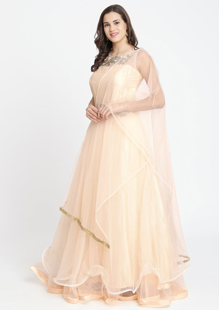 Peach Cutdana Net Designer Gown-Koskii