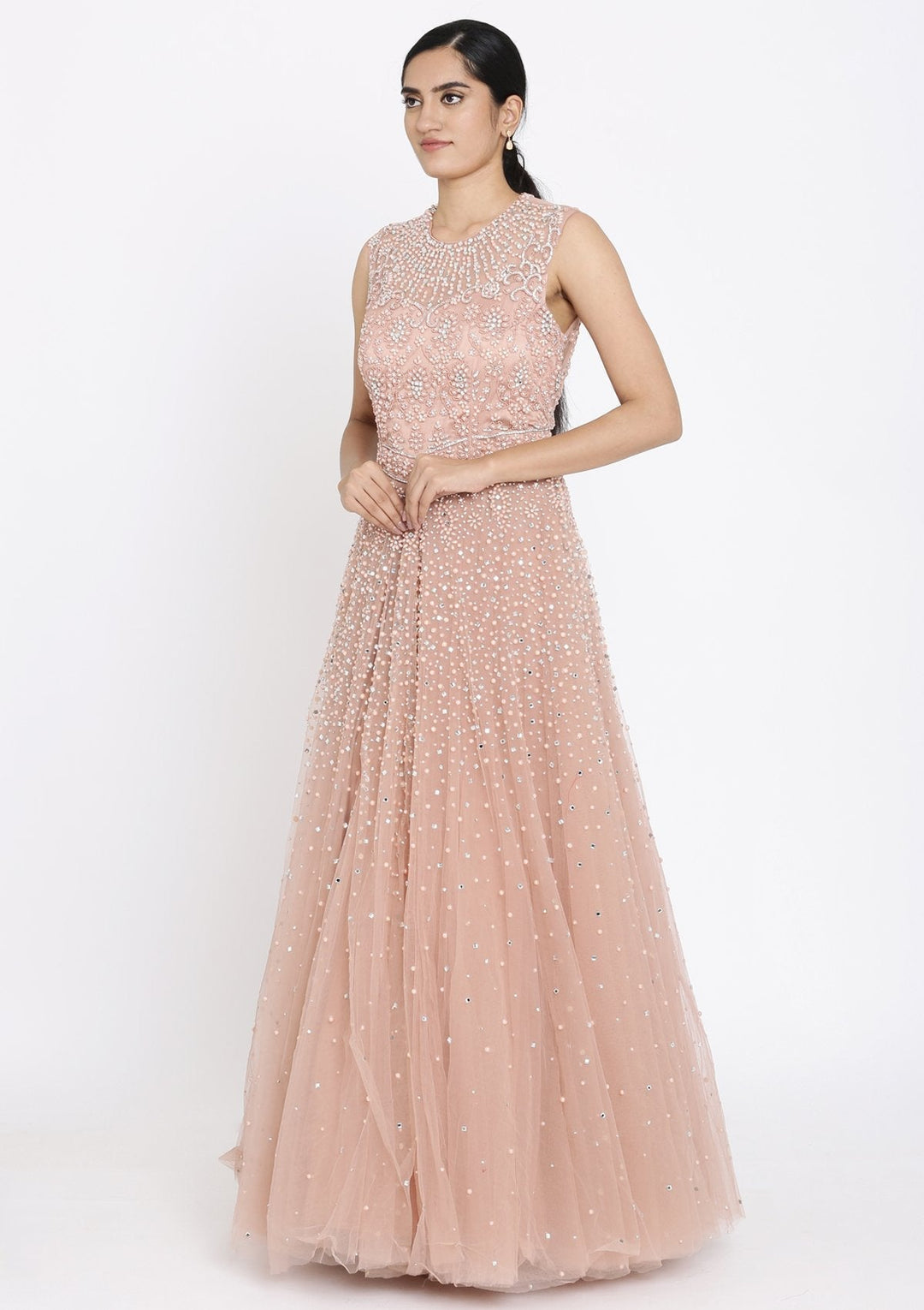 Onion Pink Pearlwork Net Designer Gown - koskii
