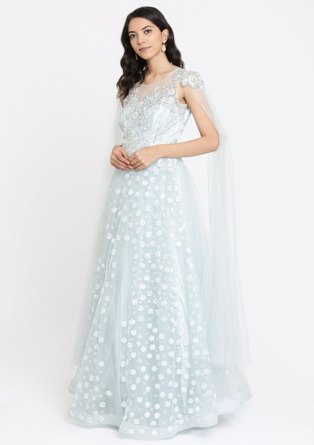 Sea Green Sequins Net Designer Gown-Koskii