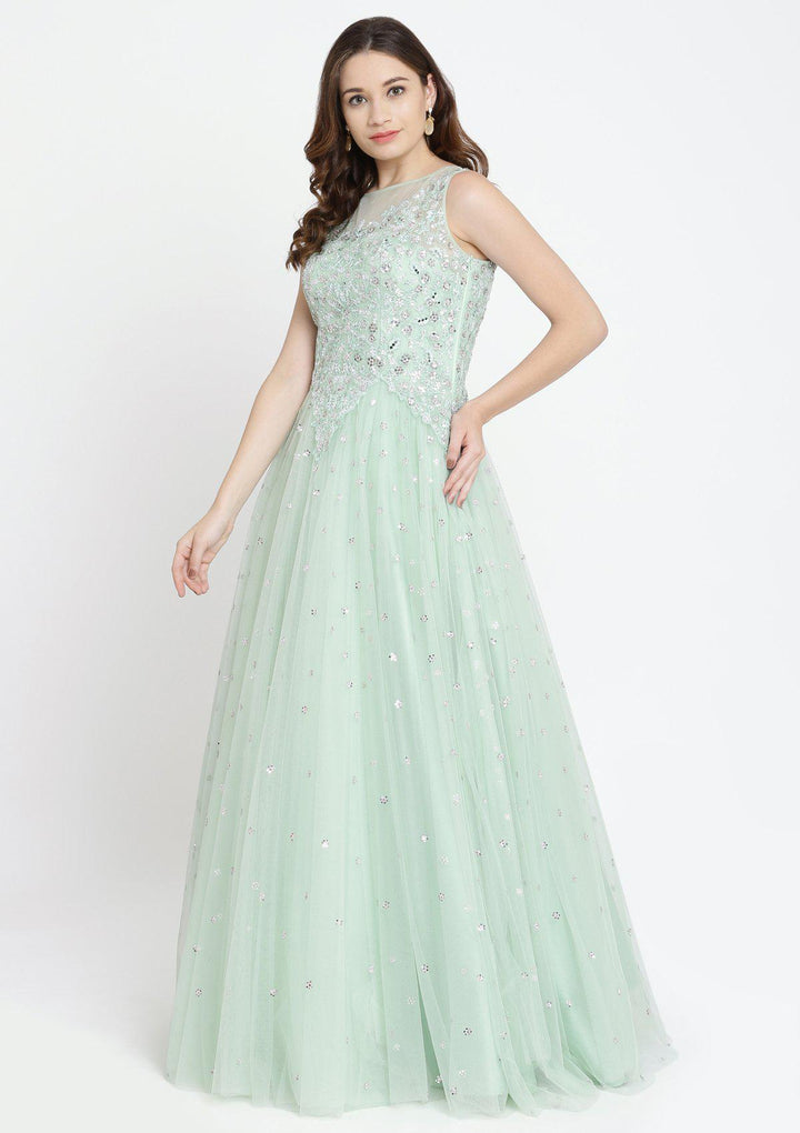 Pista Green Sequins Net Designer Gown-Koskii