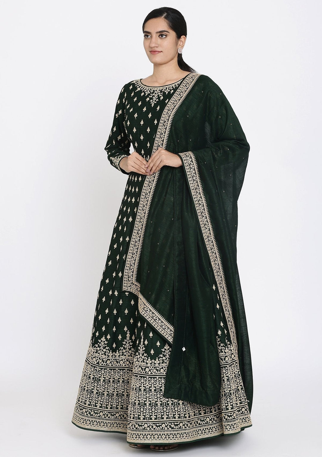 Bottle Green Zariwork Raw Silk Designer Gown - koskii
