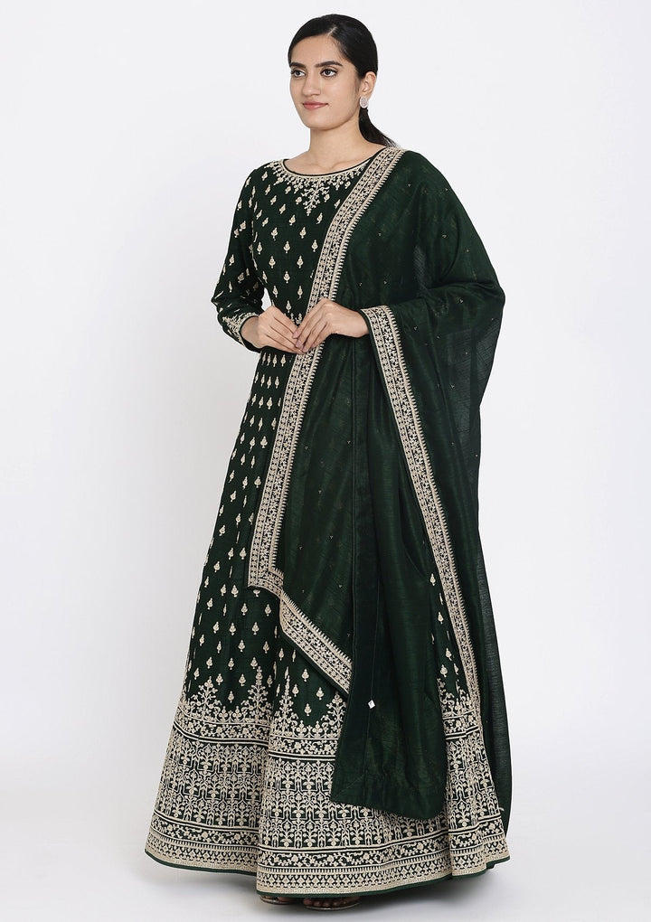 Bottle Green Zariwork Raw Silk Designer Gown - koskii