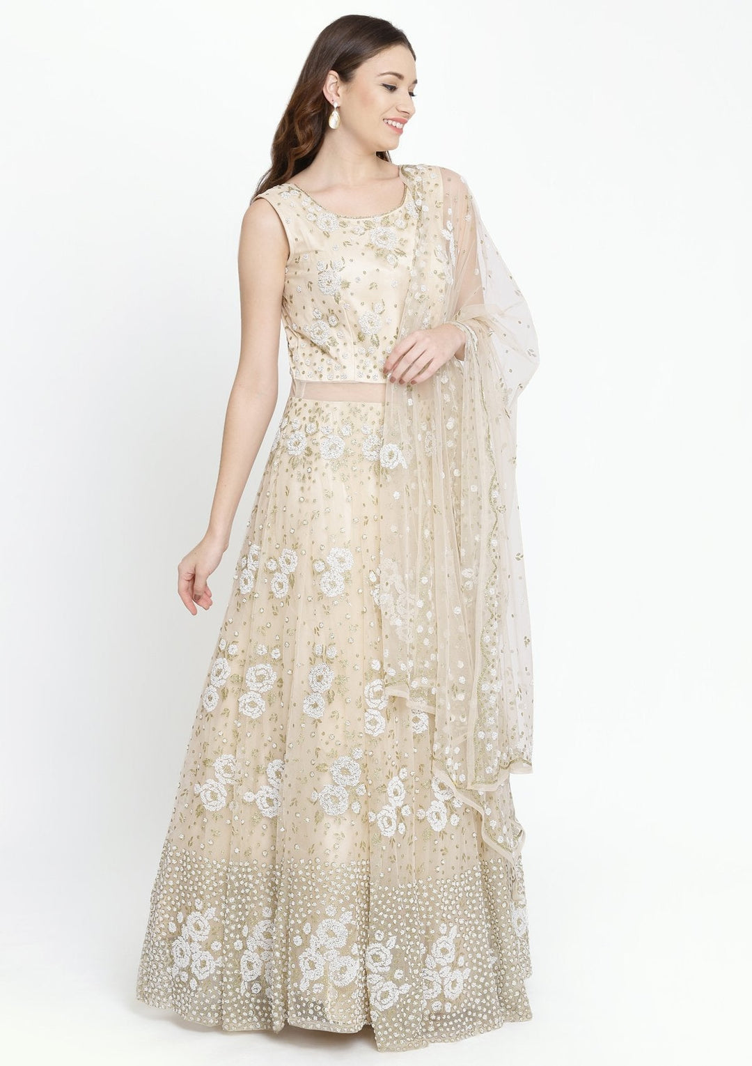 Beige Cutdana Net Designer Gown-Koskii