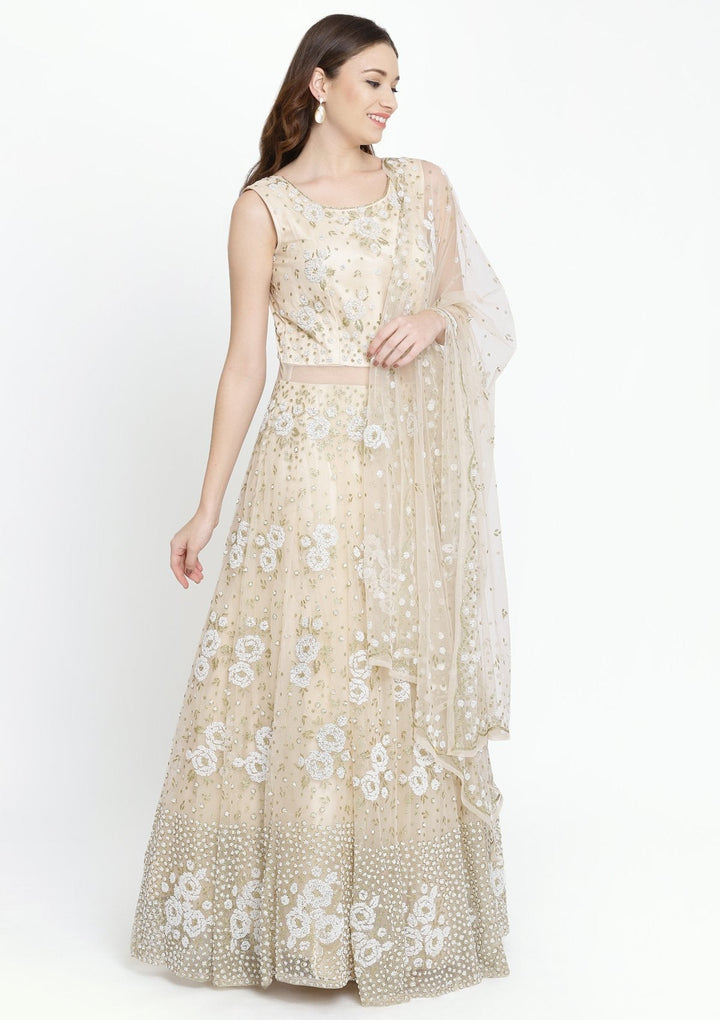 Beige Cutdana Net Designer Gown-Koskii