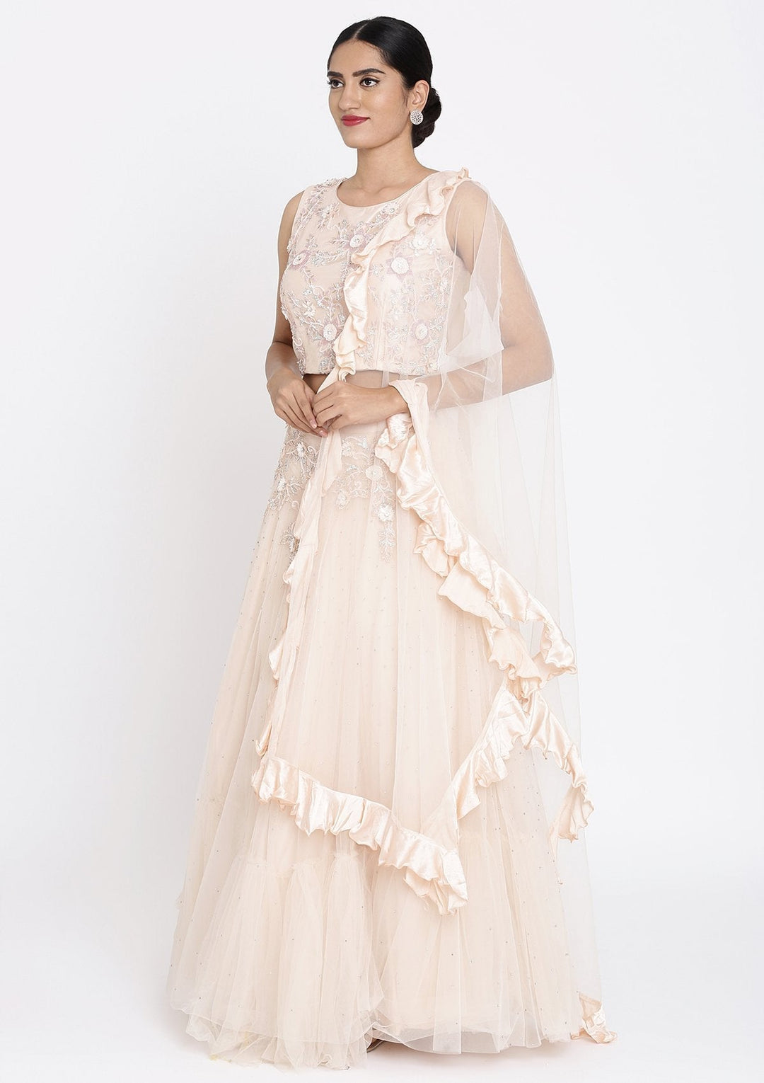 Peach Cutdana Net Designer Lehenga - koskii
