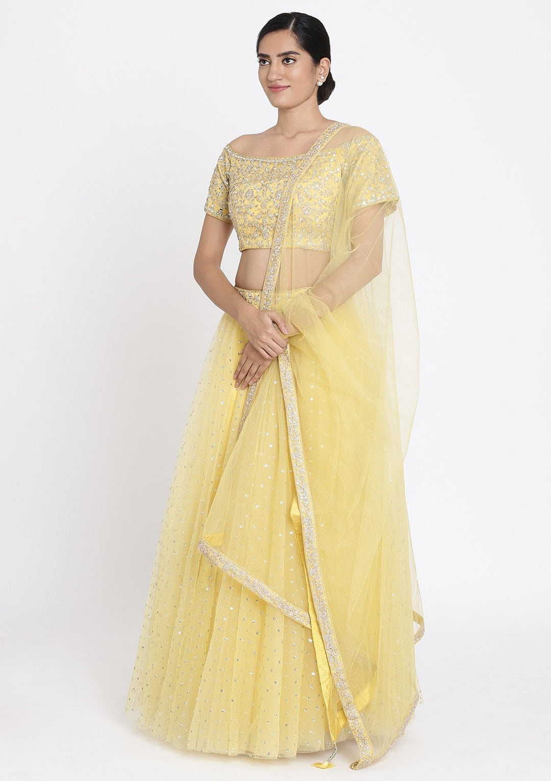Yellow Zariwork Net Designer Lehenga - koskii