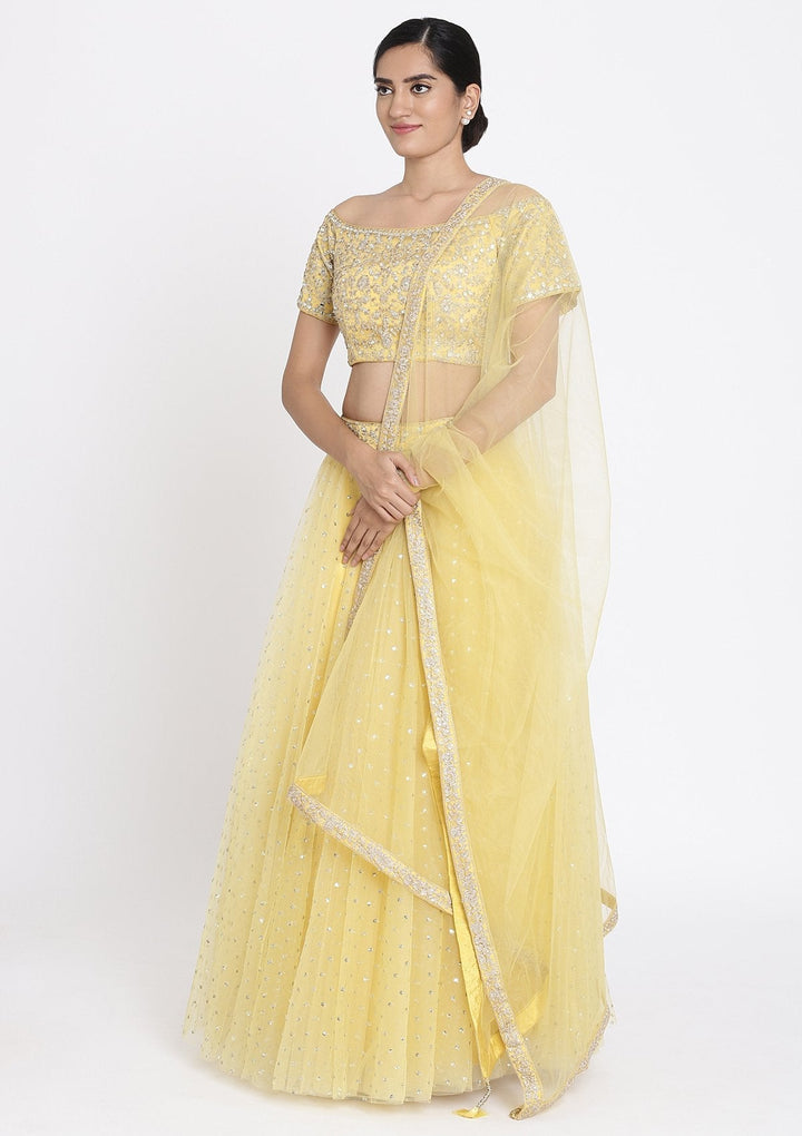 Yellow Zariwork Net Designer Lehenga - koskii