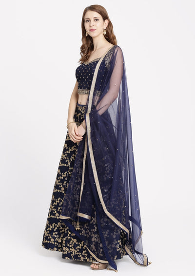 Navy Blue Stonework Rawsilk Designer Lehenga-Koskii