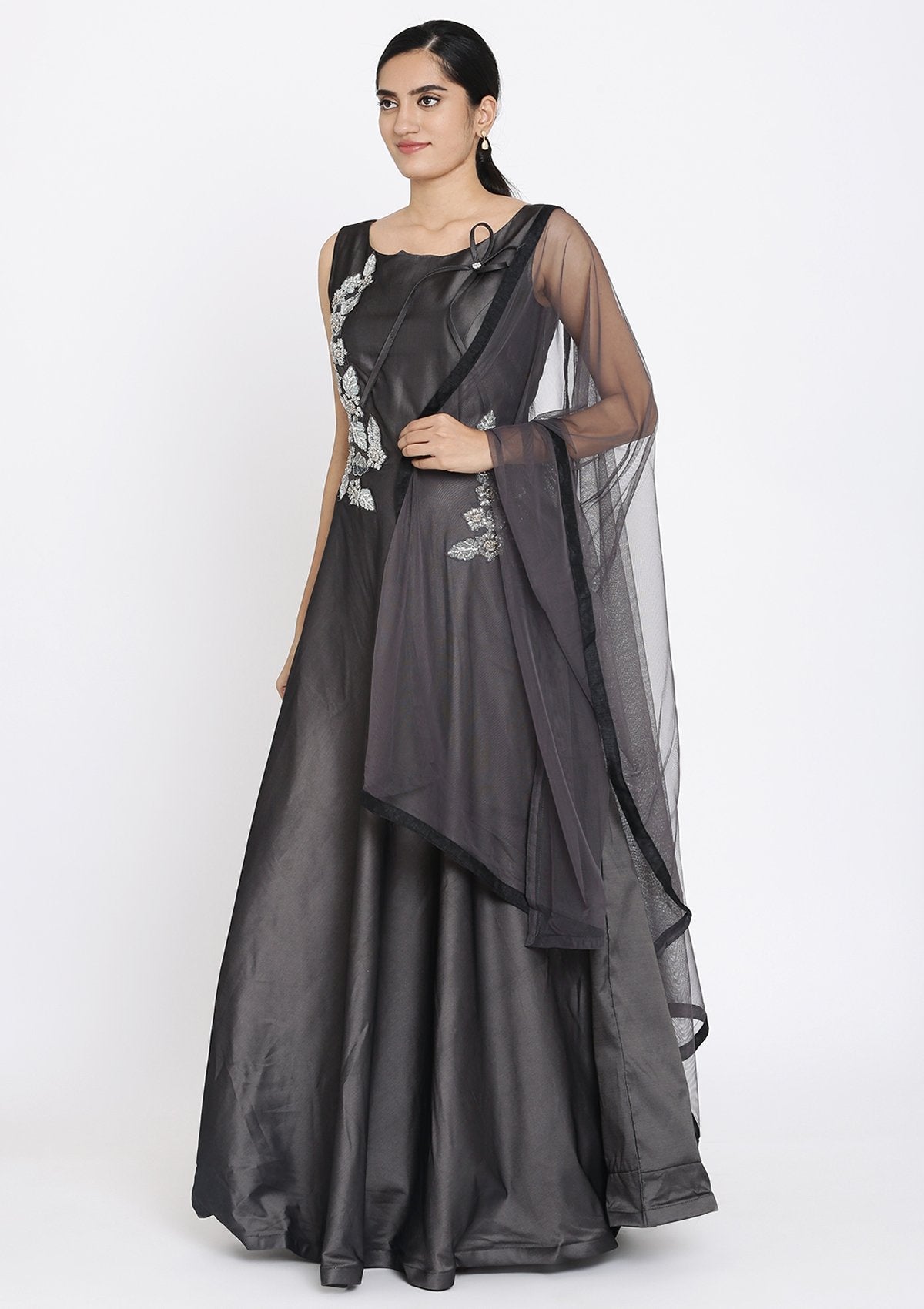 Dark Grey Sequins Taffeta Silk Designer Gown - koskii