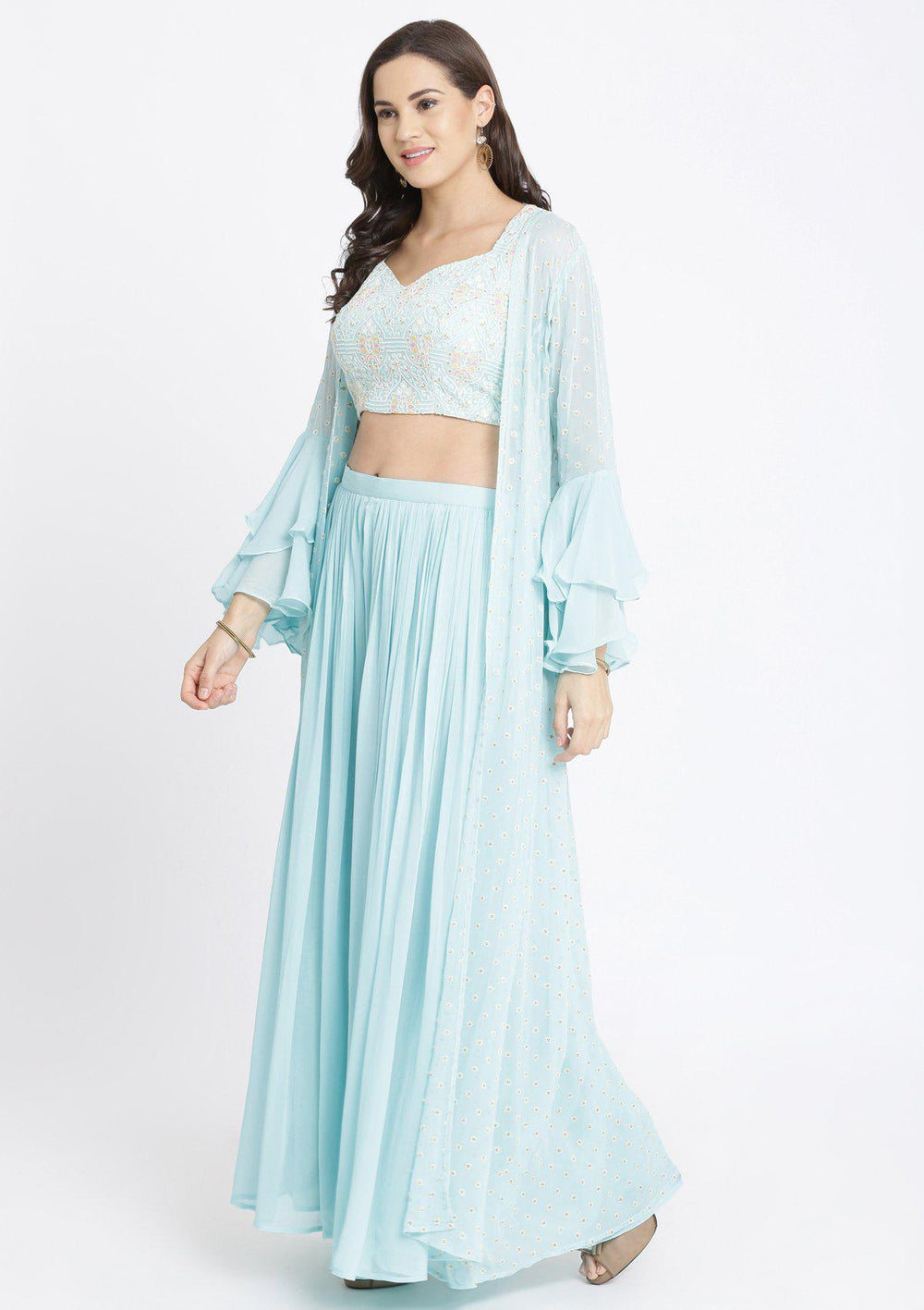 Sky Blue Threadwork Georgette Designer Crop Top Set-Koskii