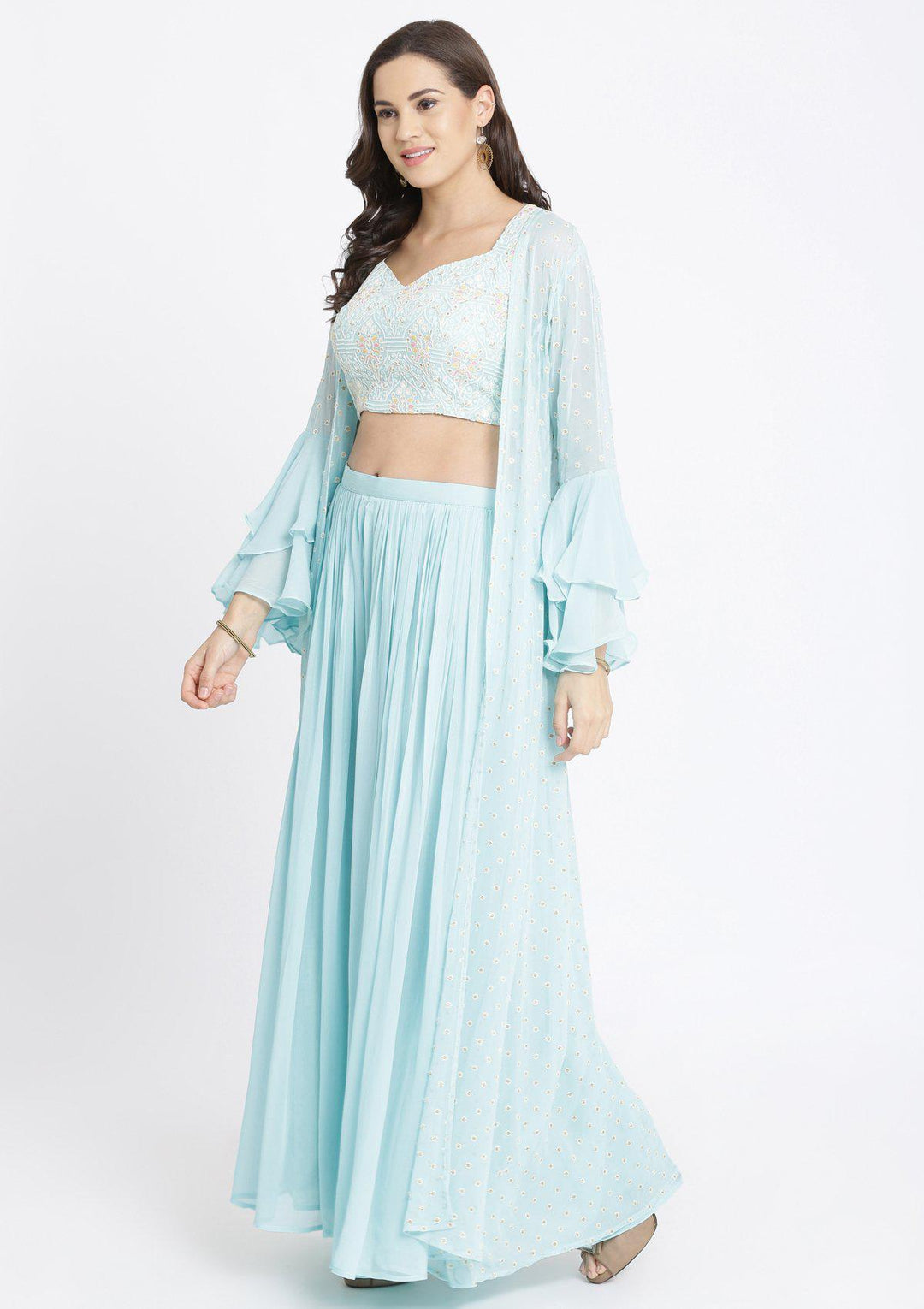 Sky Blue Threadwork Georgette Designer Crop Top Set-Koskii