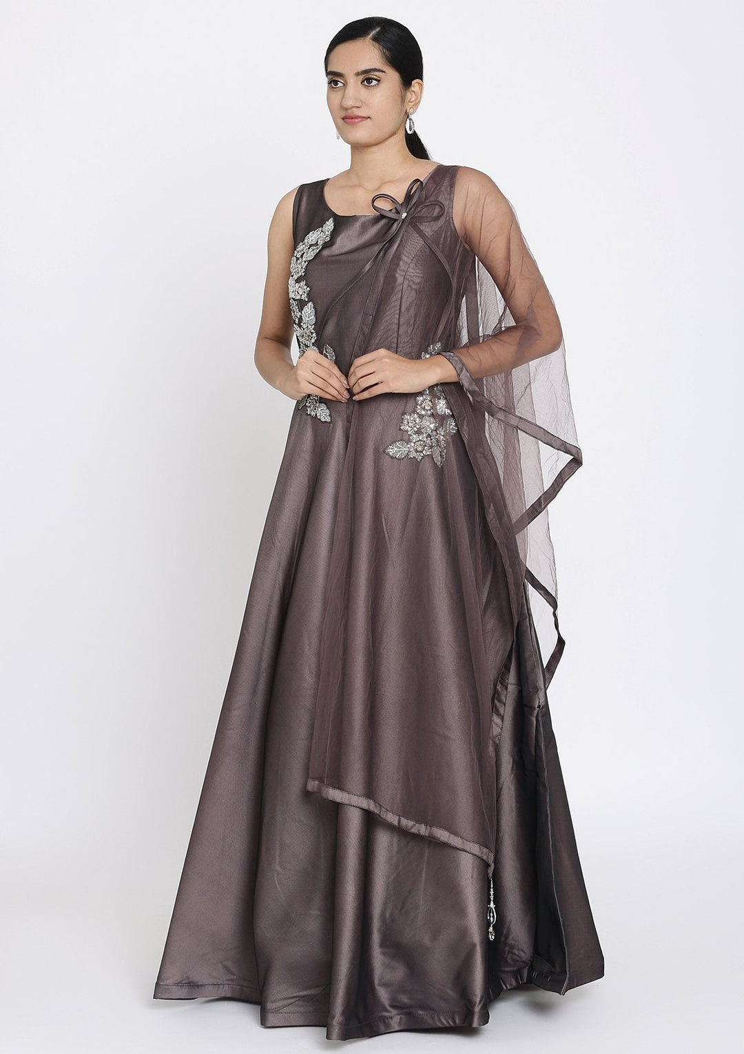 Lavender Sequins Taffeta Silk Designer Gown - koskii