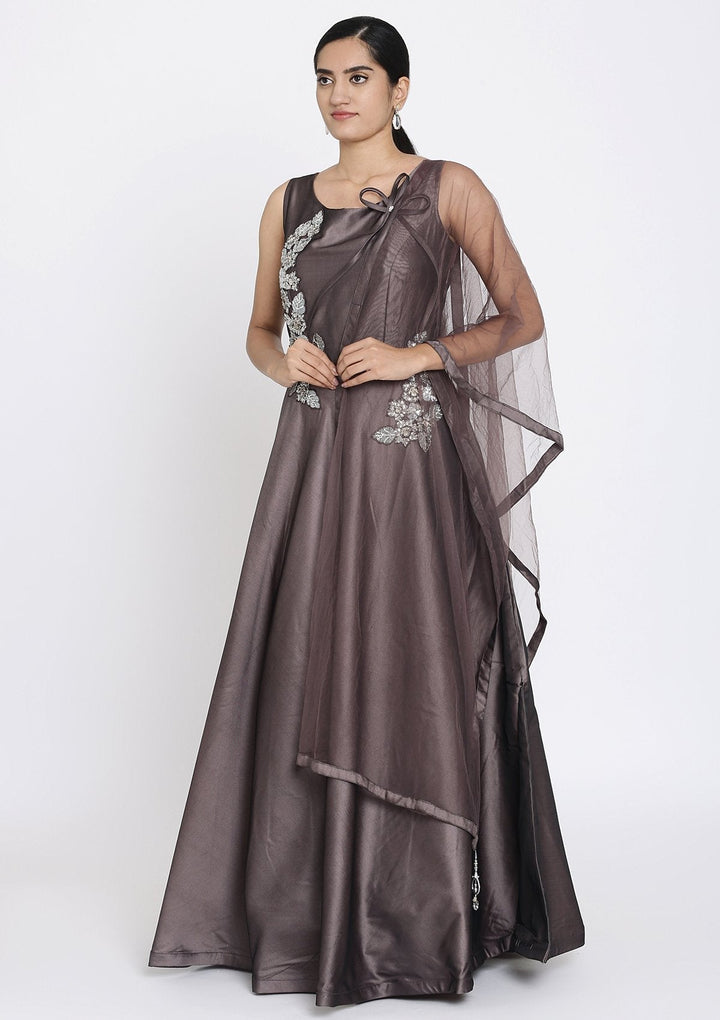 Lavender Sequins Taffeta Silk Designer Gown - koskii