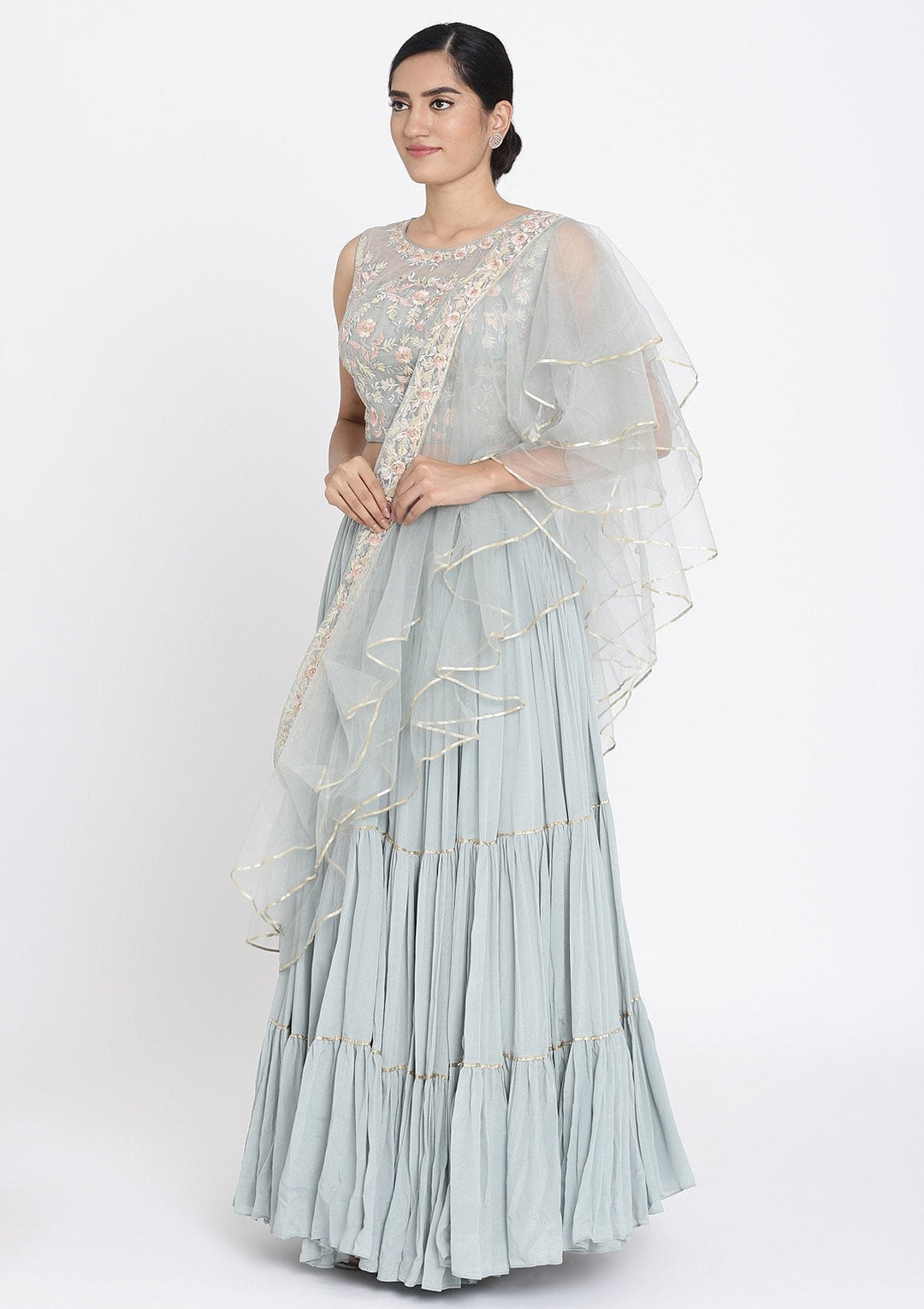 Light Grey Threadwork Georgette Designer Lehenga - koskii